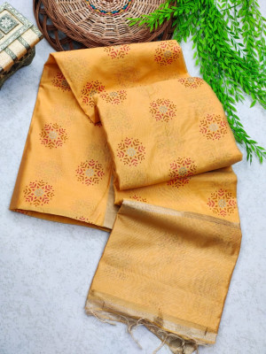 Yellow color soft linen saree with zari weaving work