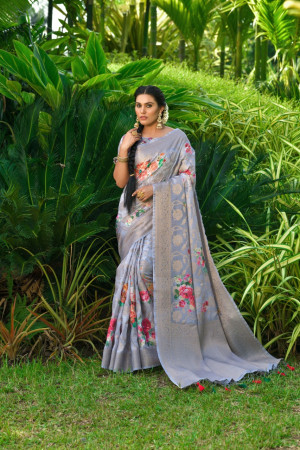 Gray color Soft Muga Silk Weaving digital printed  saree