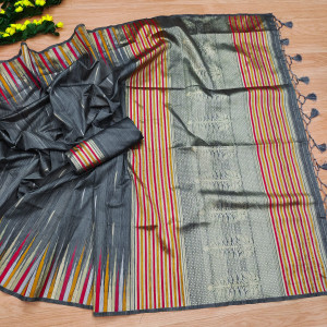 Gray color tussar silk saree with zari woven work