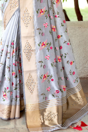Gray color linen saree with embroidered and stone work