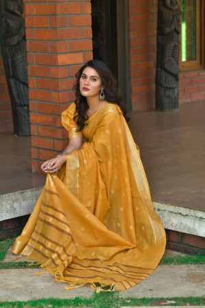 Yellow color soft cotton saree with woven border