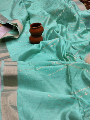 Sea green color soft linen saree with zari weaving work