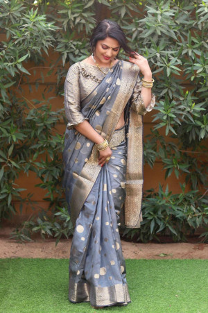 Gray color organza silk saree with golden zari weaving work