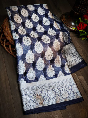 Navy blue color organza silk saree with silver zari weaving butti