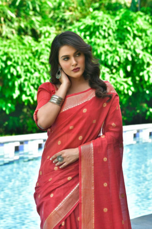 Red color soft cotton saree with woven border