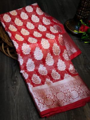 Red color organza silk saree with silver zari weaving butti