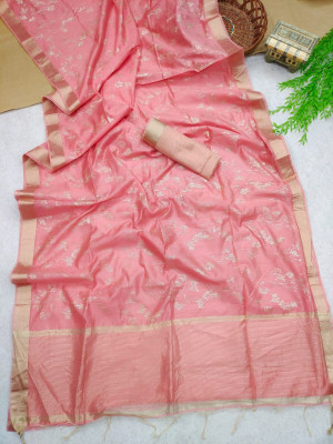 Gajari color soft linen saree with zari weaving work