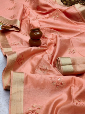 Peach color soft linen saree with zari weaving work