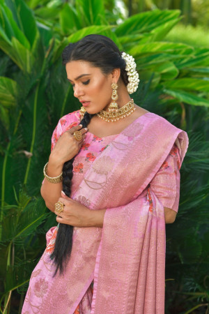 Pink color Soft Muga Silk Weaving digital printed  saree
