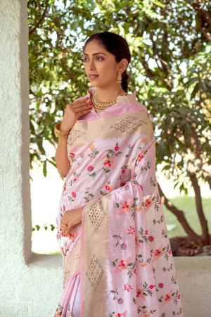 Pink color linen saree with embroidered and stone work