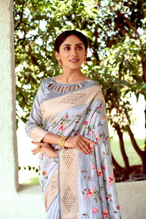 Gray color linen saree with embroidered and stone work