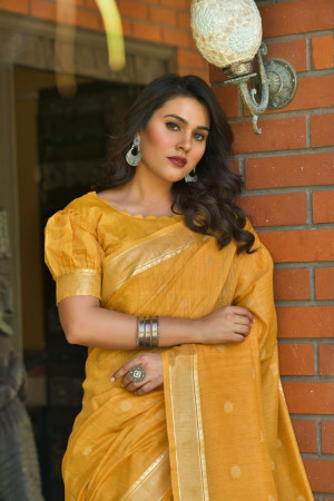 Yellow color soft cotton saree with woven border