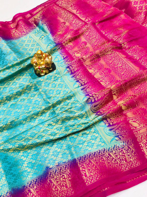 Sky blue color pure muslin silk saree with golden zari weaving work