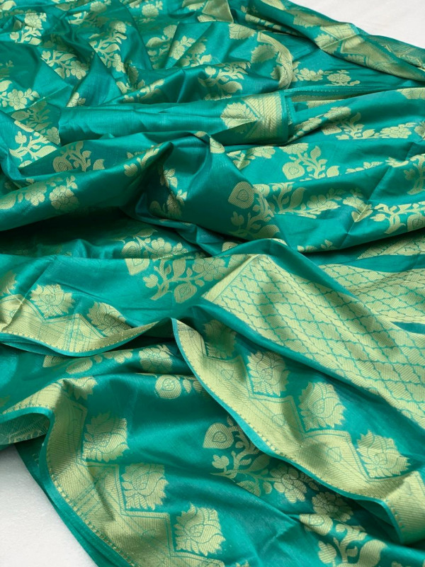 Rama green color crap rich saree with zari weaving work