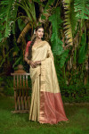 Beige color bhagalpuri silk saree with zari weaving work
