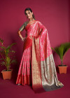 Baby pink color banarasi silk saree with zari woven work