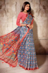 Blue color soft cotton saree with printed work