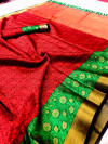 Red color muslin silk saree with zari woven work