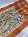 Orange color tussar silk saree with digital printed work