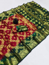 Red and green color soft art silk saree with zari weaving work