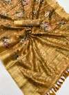 Mustard yellow color linen cotton saree with digital printed work