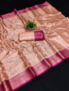 Peach color soft linen silk saree with zari weaving work
