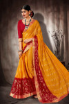 Yellow and red color soft dola silk saree with foil printed work