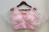 Peach color net blouse with radium stripes work