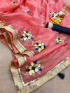 Peach color organza silk saree with embroidery work