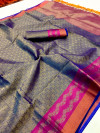Navy blue color muslin silk saree with zari woven work