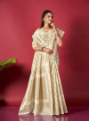 Off white color linen silk saree with zari weaving work
