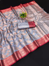Gray color soft linen silk saree with zari weaving work