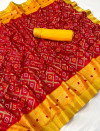Red color soft dola silk saree with printed work