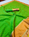 Parrot green color muslin silk saree with zari woven work