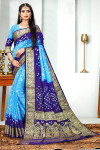 Sky blue and navy blue color bandhej silk saree with zari weaving work