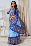 Sky blue color soft linen silk saree with digital printed work