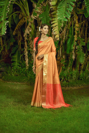 Orange color bhagalpuri silk saree with zari weaving work