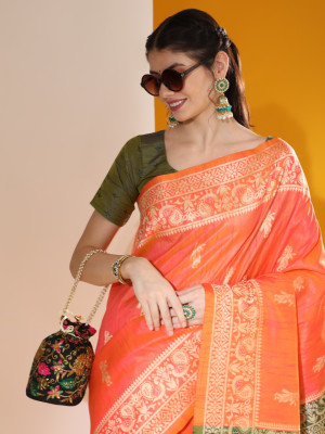 Peach color soft raw silk saree with woven design