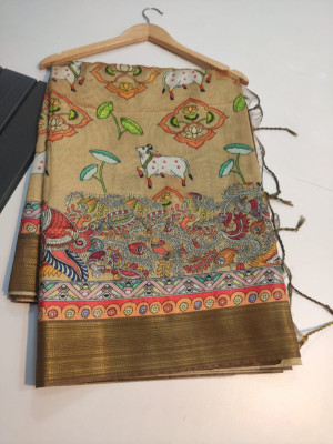 Beige color tussar silk saree with digital kalamkari printed work