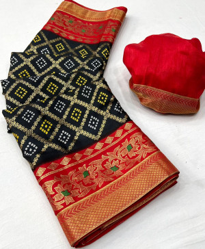 Black color soft dola  silk saree with printed work