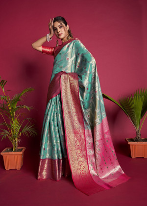 Sea green color banarasi  silk saree with zari woven work