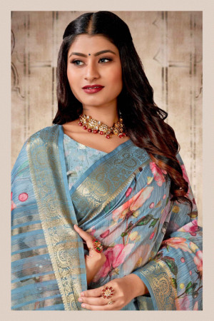 Gray color linen cotton saree with digital printed work