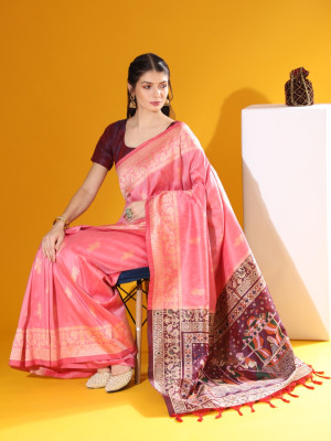 Baby pink color soft raw silk saree with woven design