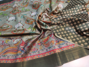 Light green color tussar silk saree with digital printed work