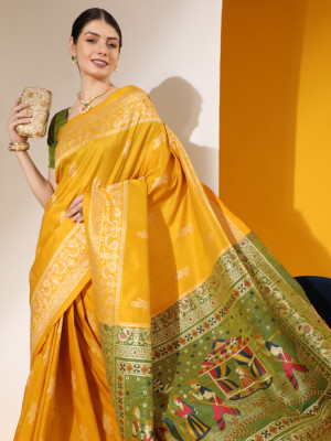 Yellow color soft raw silk saree with woven design