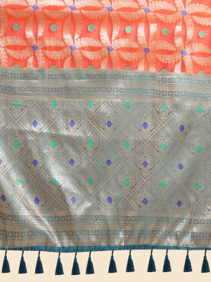 Orange color banarasi silk saree with zari woven work