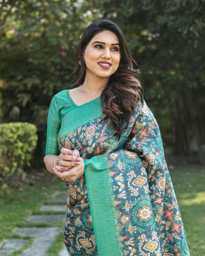 Green color soft fancy silk saree with digital printed work