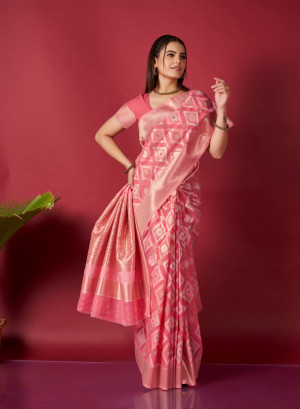 Gajari color linen silk saree with zari weaving work