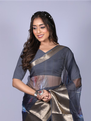 Gray color soft organza silk saree with foil printed work
