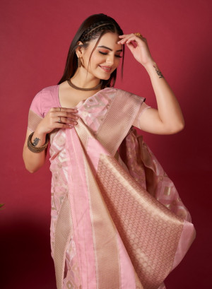 Baby pink color linen silk saree with zari weaving work